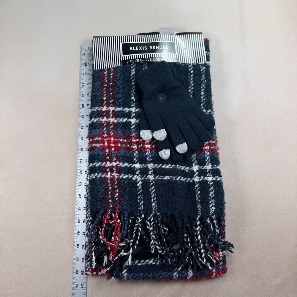 Alexis Bendel Plaid Scarf & Gloves 2 Pc Set Navy Red White Soft Cozy New